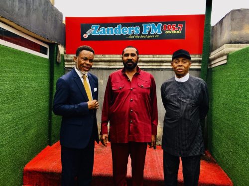Prince Evans (L), Commissioner for Edu. Primary & Secondary Imo state (center) and CEO Zanders FM, Chief Kennedy Zanders after a program 