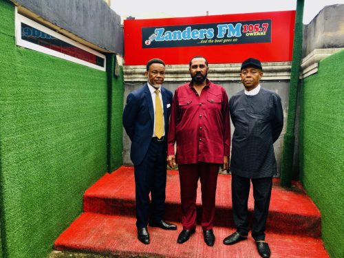 Prince Evans (L), Commissioner for Edu. Primary  Secondary Imo state (center) and CEO Zanders FM, Chief Kennedy Zanders after a program 