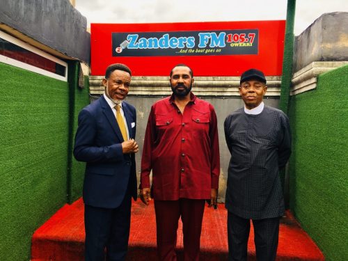 Prince Evans (L), Commissioner for Edu. Primary  Secondary Imo state (center) and CEO Zanders FM, Chief Kennedy Zanders after a program 
