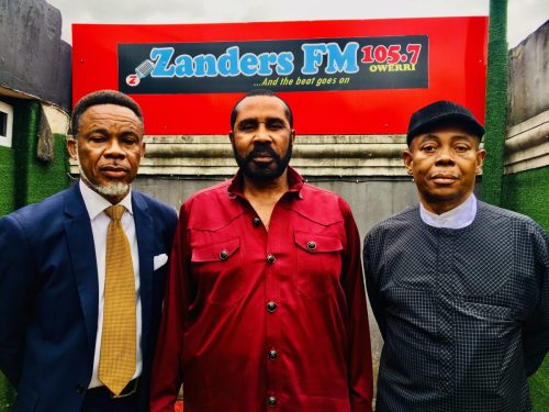 Prince Evans (L), Commissioner for Edu. Primary  Secondary Imo state (center) and CEO Zanders FM, Chief Kennedy Zanders after a program 